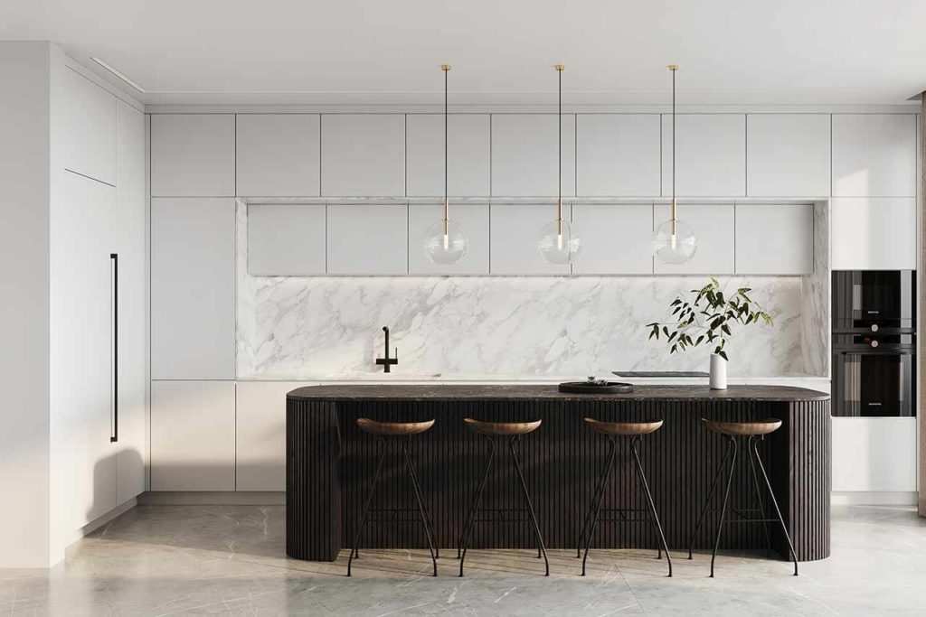 Modern kitchen with bar stools underneath indoor motion sensor lighting