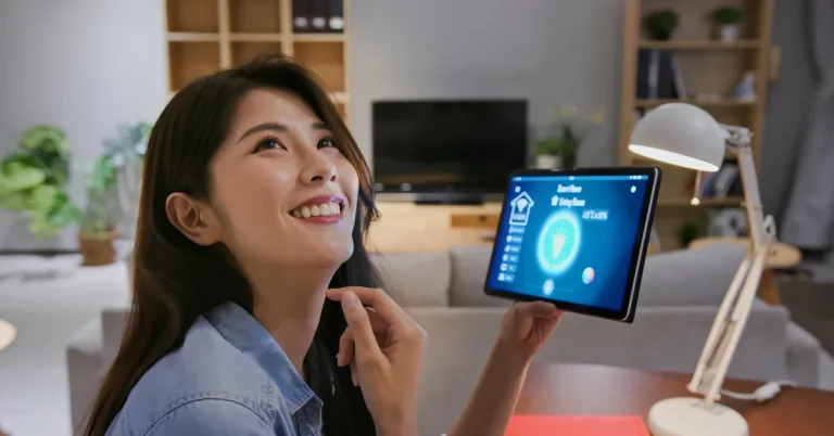 Woman smiling while controlling her new smart home devices after hiring electricians for smart home wiring installation